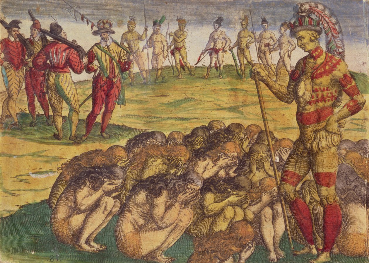Cattura degli Aztechi da parte dei Colonizzatori Spagnoli, illustrazione di un libro, c.1550 da Theodore de Bry