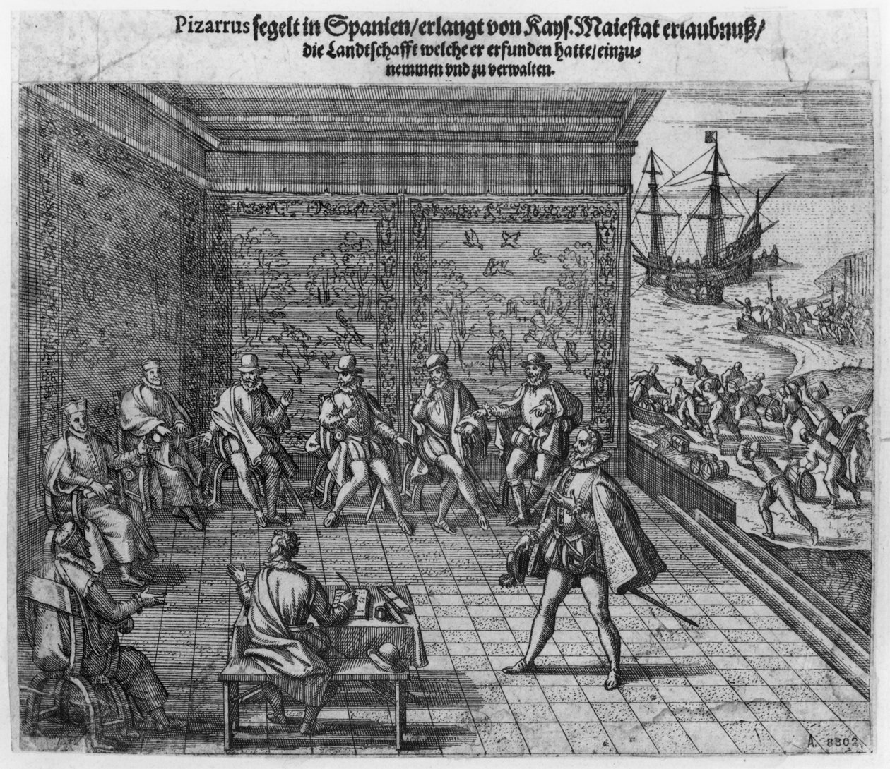 Francisco Pizarro chiede il sostegno della corte imperiale per il governo del Perù da Theodore de Bry