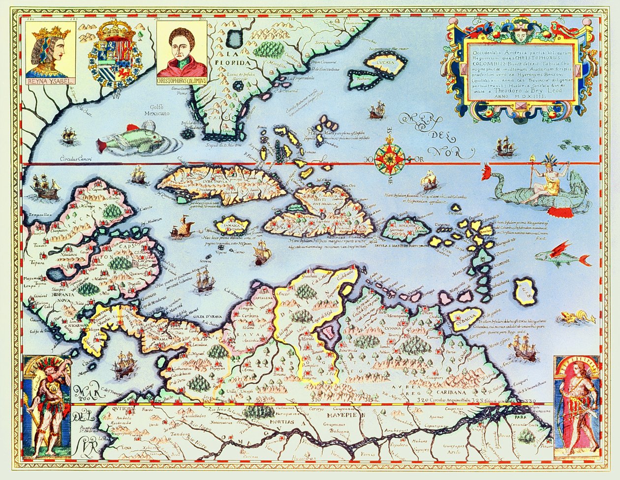 Mappa delle isole dei Caraibi e dello stato americano della Florida da Theodore de Bry
