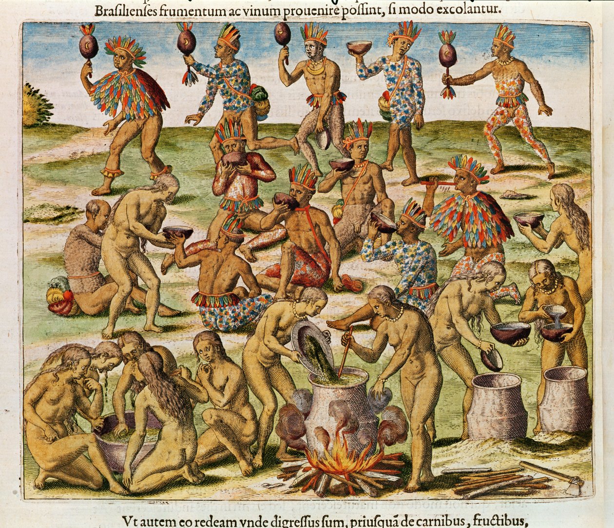 Preparazione di una bevanda a base di mais e grano (pagina 486), 1563 (incisione a colori) da Theodore de Bry