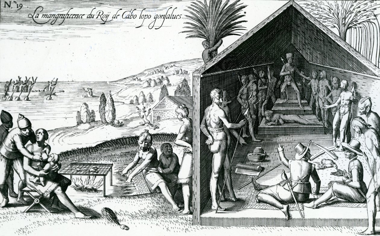 Il re riceve visitatori europei, Capo Lopez, Gabon, Africa, XVI secolo da Theodore de Bry