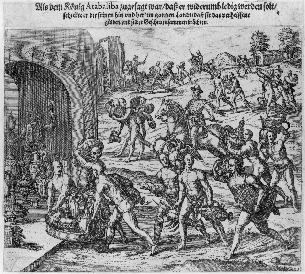 Il riscatto offerto dal re Atahualpa a Francisco Pizarro, 1533 da Theodore de Bry