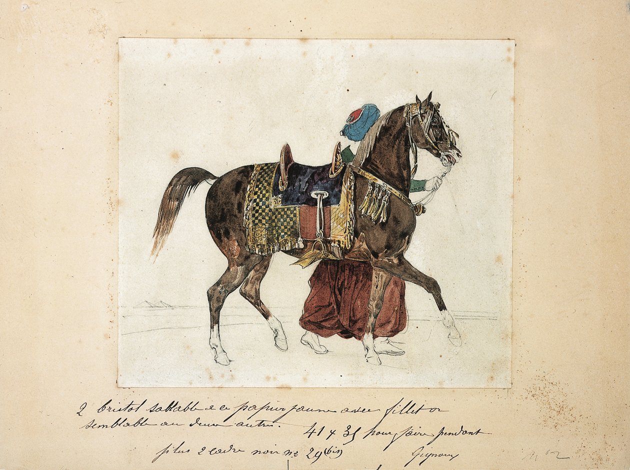 Un cavallo bardato condotto da un mamelucco, due piramidi sullo sfondo da Theodore Gericault