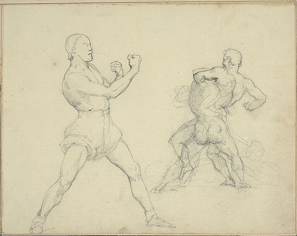 Pugile rivolto a destra e due uomini che lottano da Theodore Gericault