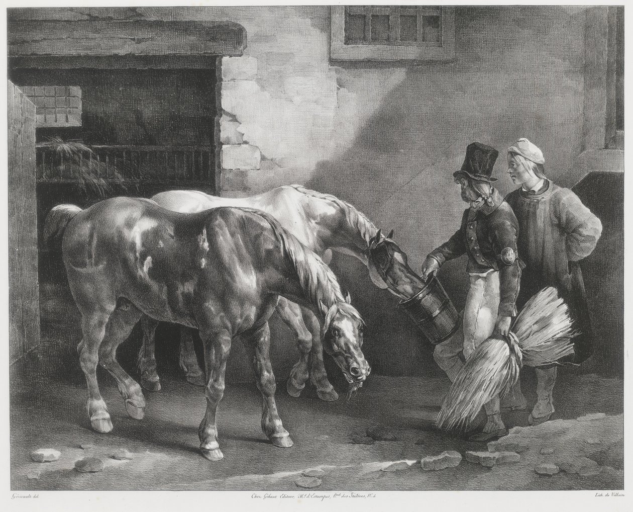 Due cavalli da posta davanti alla porta di una scuderia (Two Post-Horses at a Stable Door) da Theodore Gericault