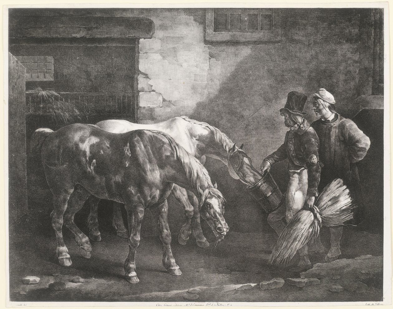 Due cavalli da posta davanti alla porta di una scuderia (Two Post-Horses at a Stable Door) da Theodore Gericault