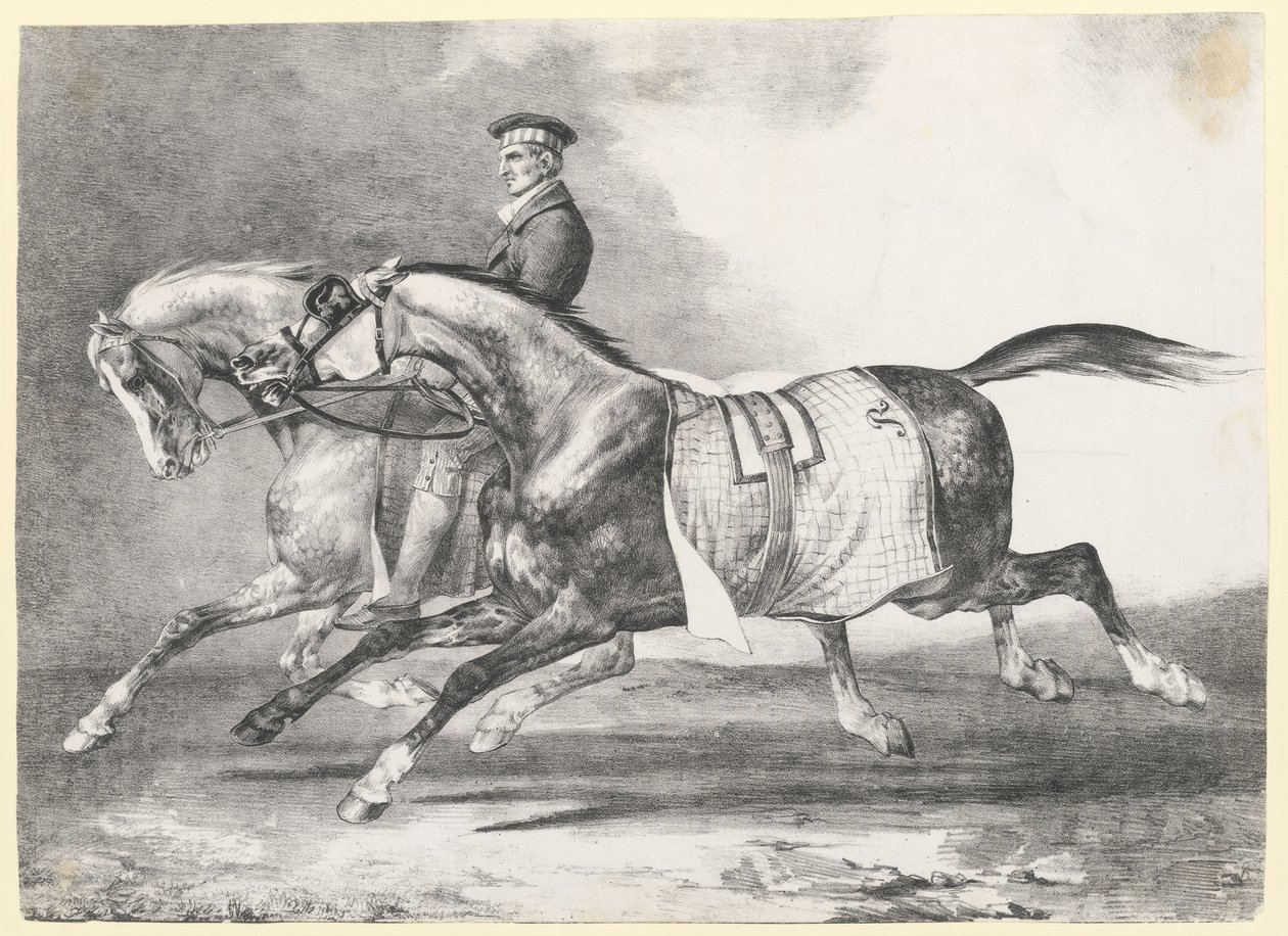 Due cavalli grigi screziati che vengono portati a passeggio (Two Dapple-Grays Being Exercised) da Theodore Gericault