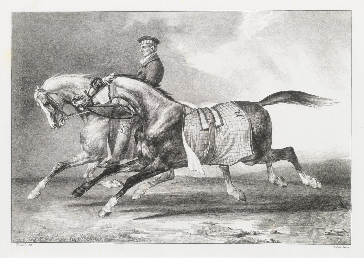Due cavalli grigi screziati che vengono portati a passeggio (Two Dapple-Grays Being Exercised) da Theodore Gericault