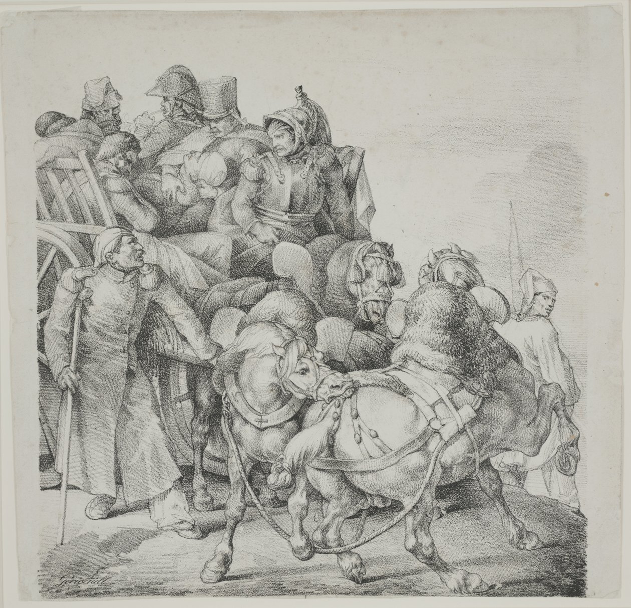 Carro trainato da cavalli pieno di soldati feriti, litografia di C. Motte da Theodore Gericault