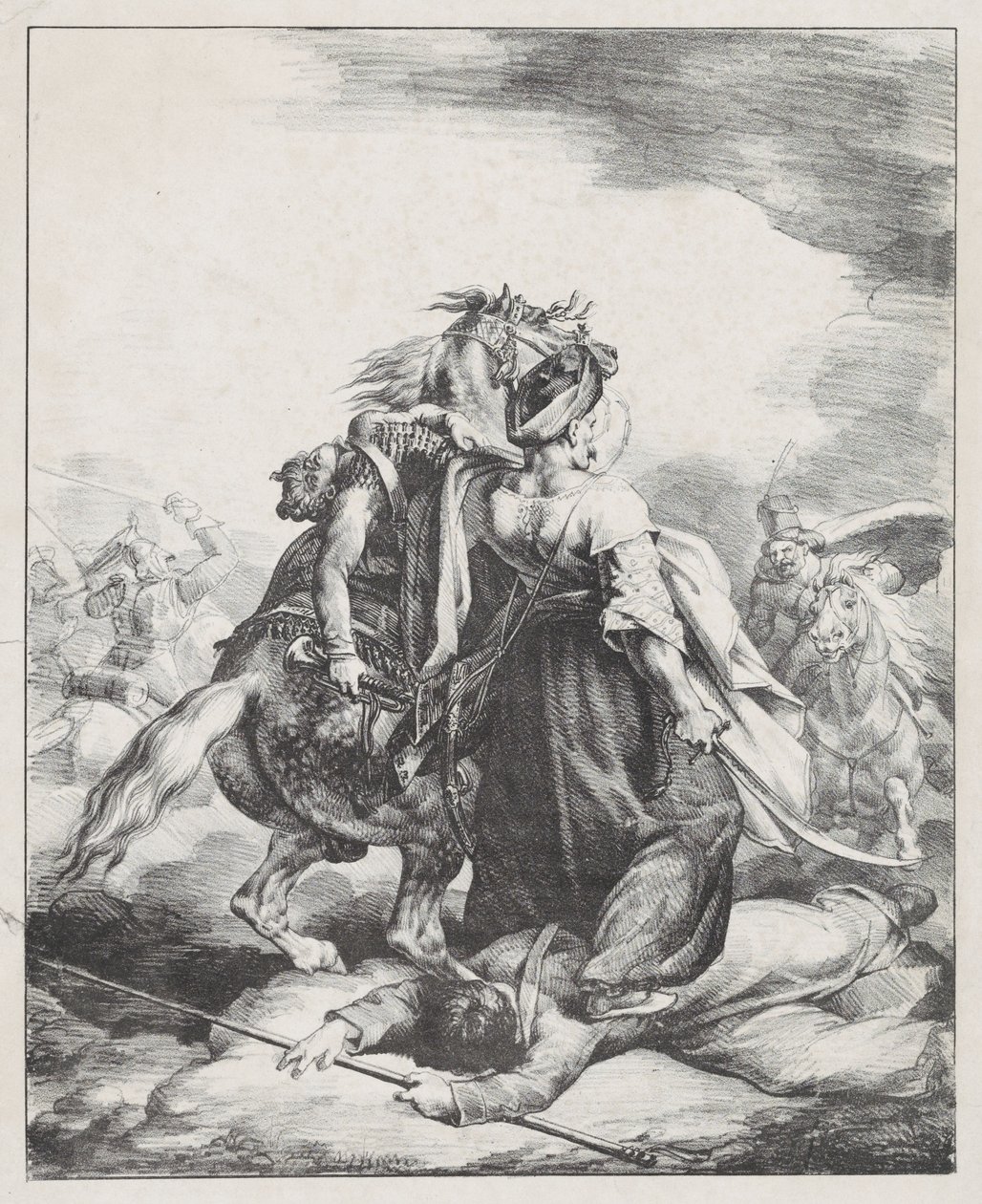 Un mamelucco della guardia imperiale difende un trombettiere ferito da un cosacco (Un mamelucco egiziano difende un trombettiere francese ferito a Waterloo) da Theodore Gericault