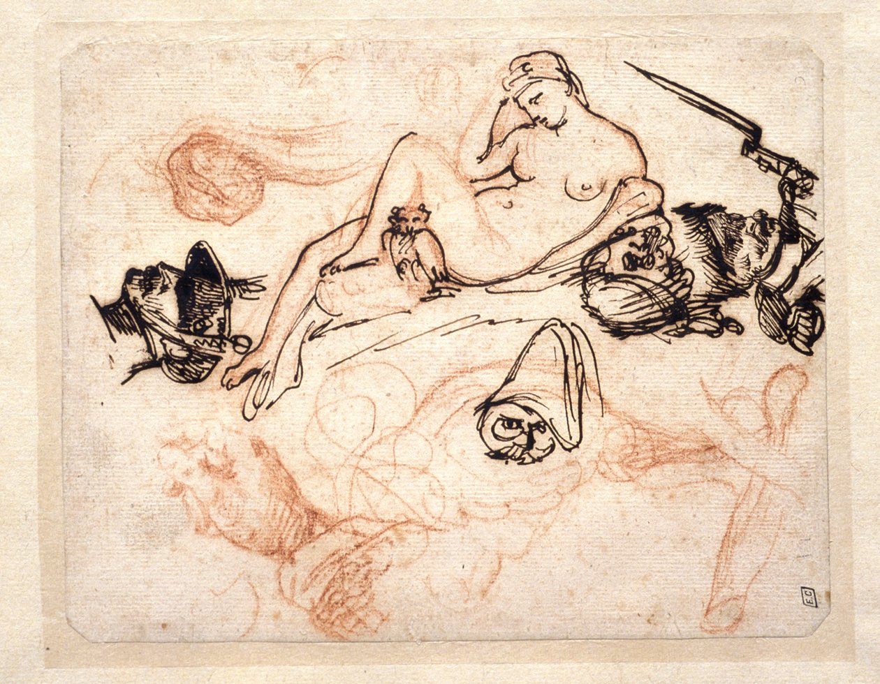 Foglio di studi con la «Notte» di Michelangelo, un granatiere e altri schizzi da Theodore Gericault