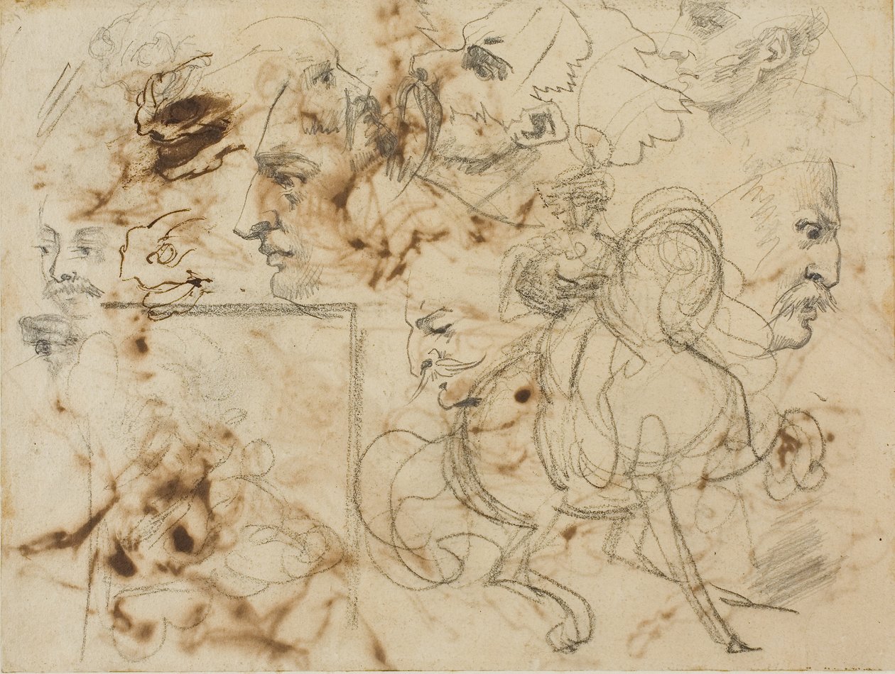 Schizzi di volti di uomini, musi di cavalli e soldati a cavallo da Theodore Gericault