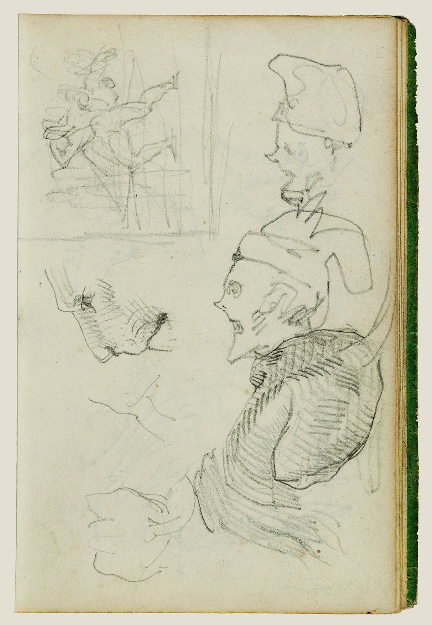 Studi di leone, studio di figura di gruppo compositivo, due studi di testa caricaturale da Theodore Gericault