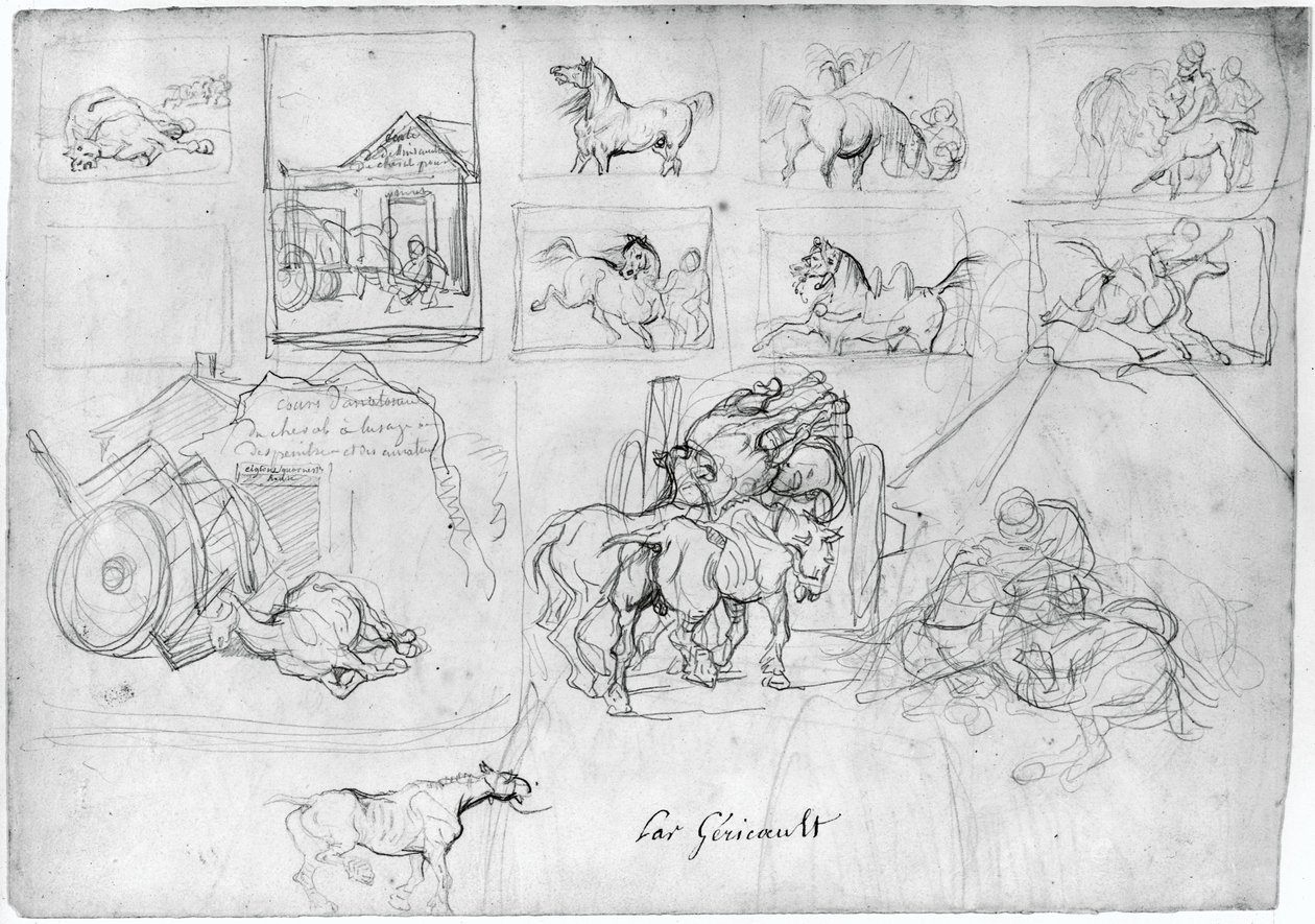 Studio di cavalli (fronte); Un carro seguito da un portatore di cartello (retro) da Theodore Gericault