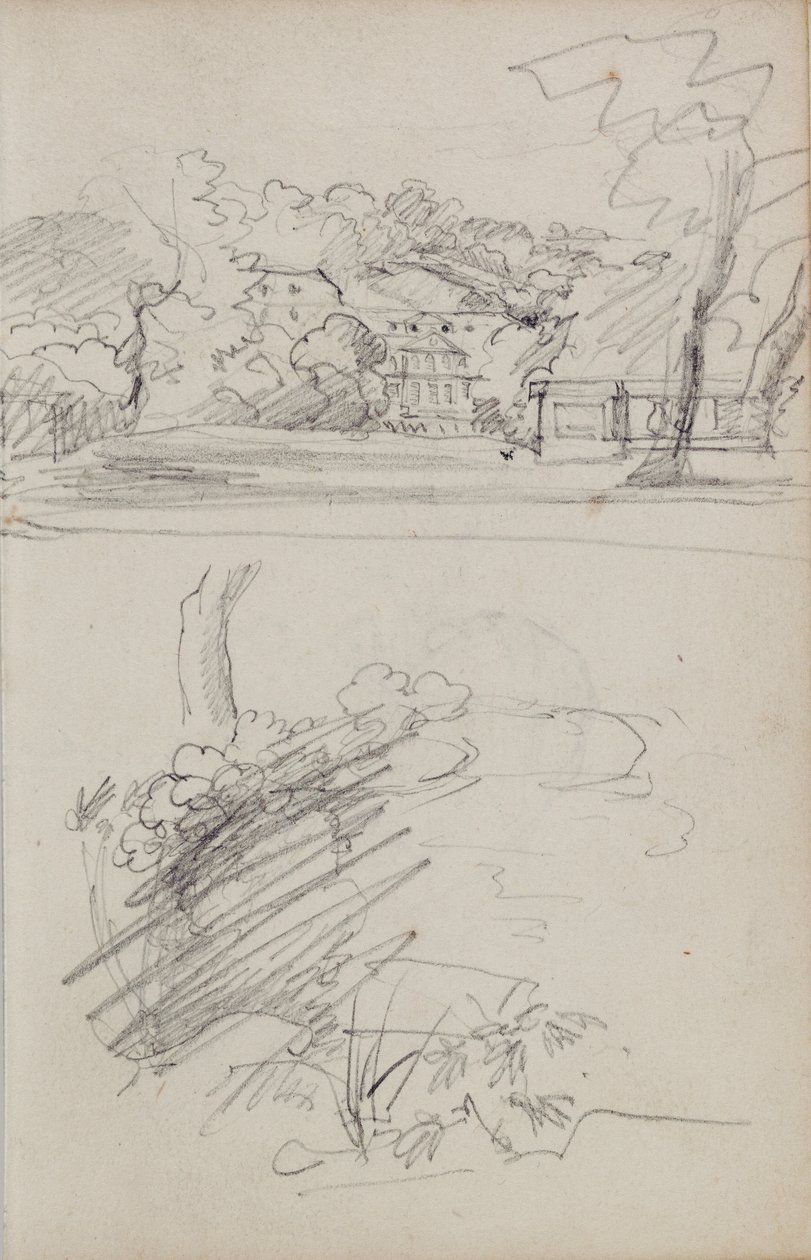 Veduta di una casa di campagna e studi di cespugli e fogliame da Theodore Gericault