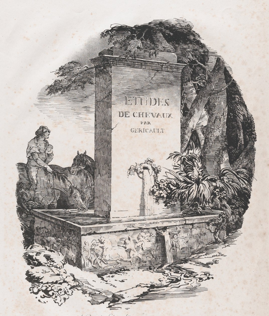 Abbeveratoio, pagina del titolo di Studi di cavalli Etudes de Chevaux, 1822 da Theodore Gericault