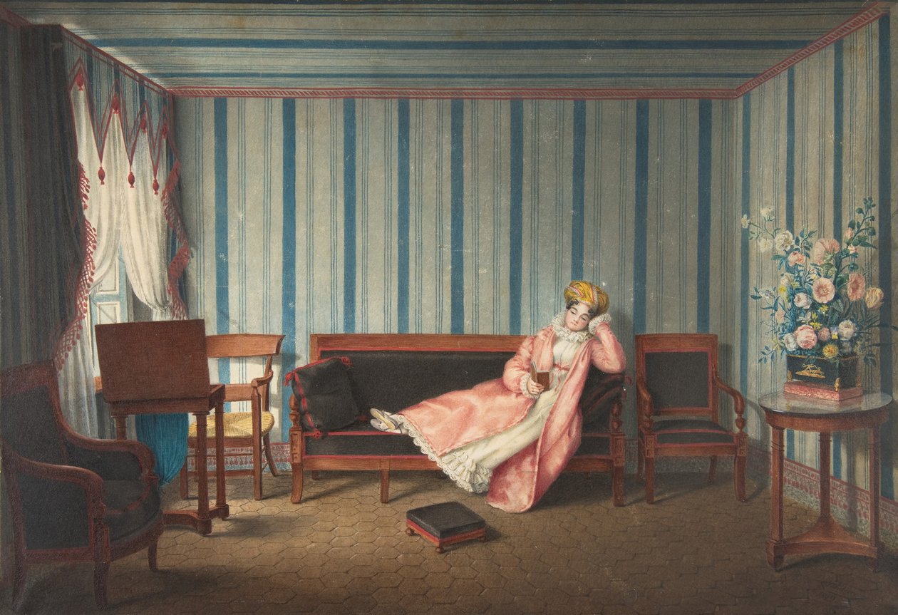 Donna in rosa sdraiata su un canapé, 1819 da Theodore Lebrun