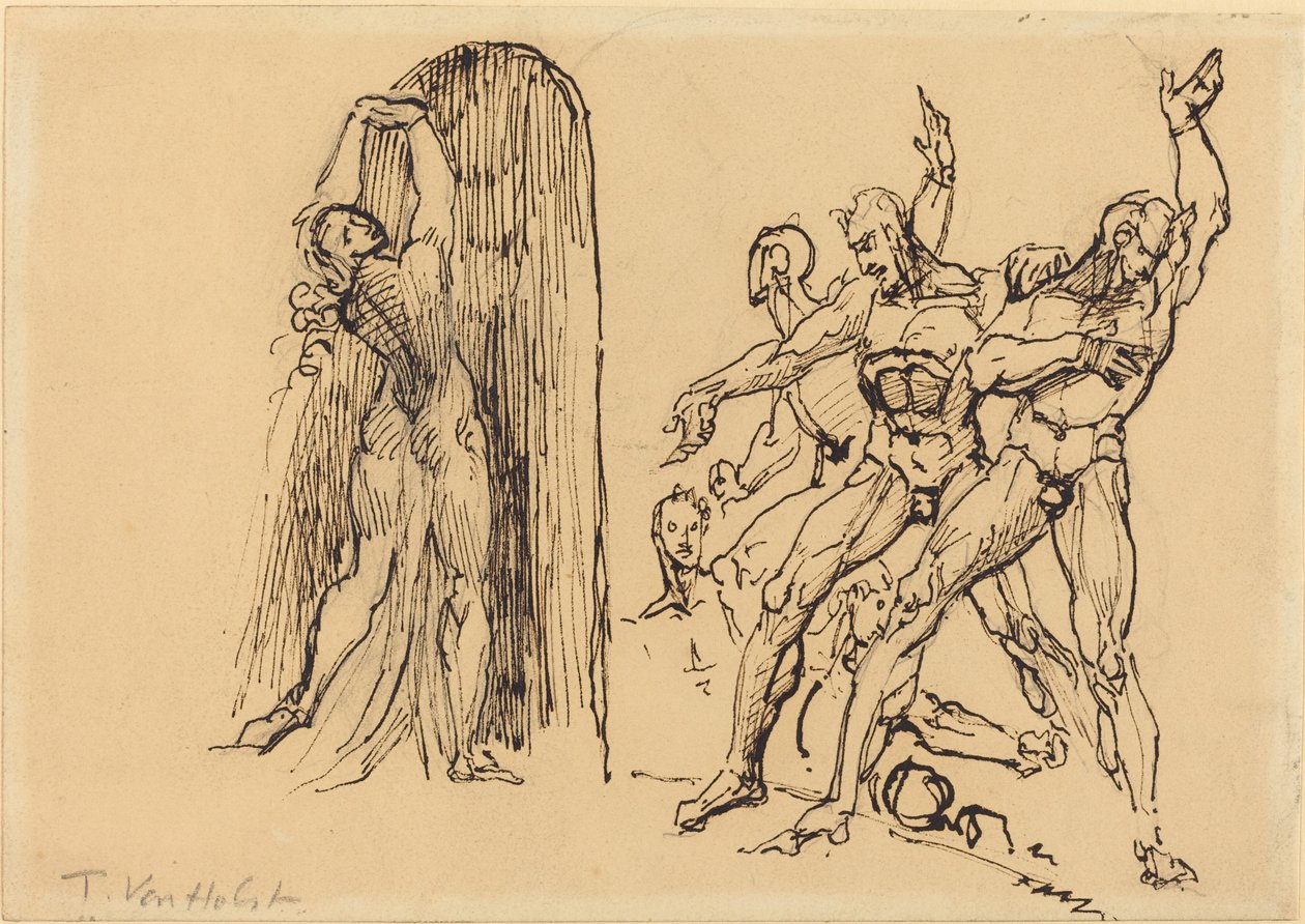 Cinque nudi maschili che gesticolano mentre una donna nuda entra in un portale da Theodore M. von Holst