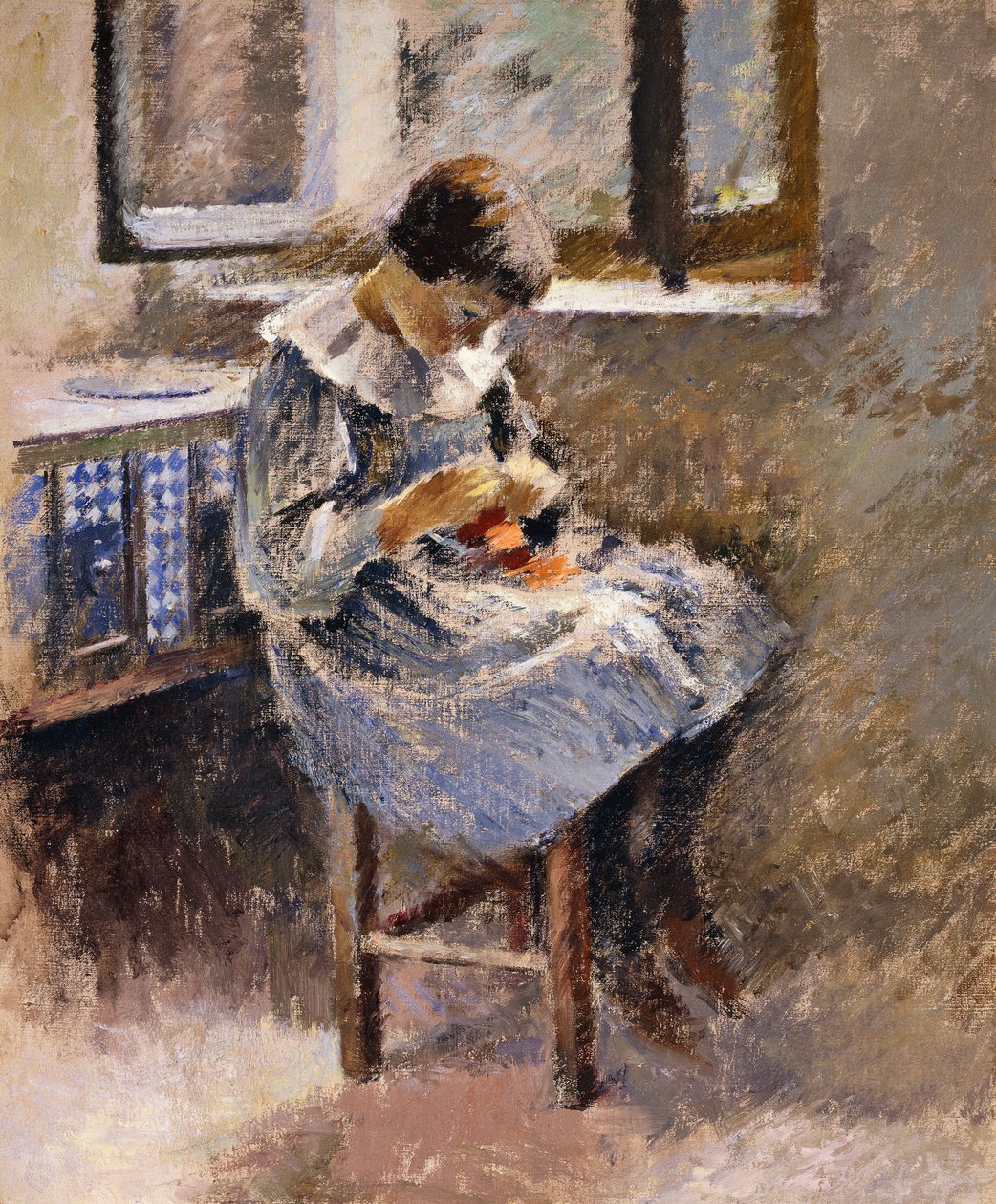 Ragazza che cuce, c.1886 da Theodore Robinson
