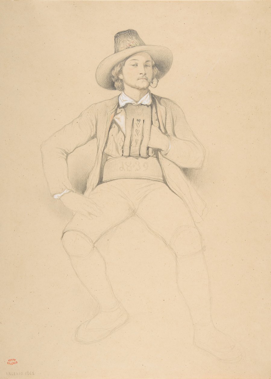 Un uomo in costume tirolese, seduto, che fuma una pipa da Theodore Valerio