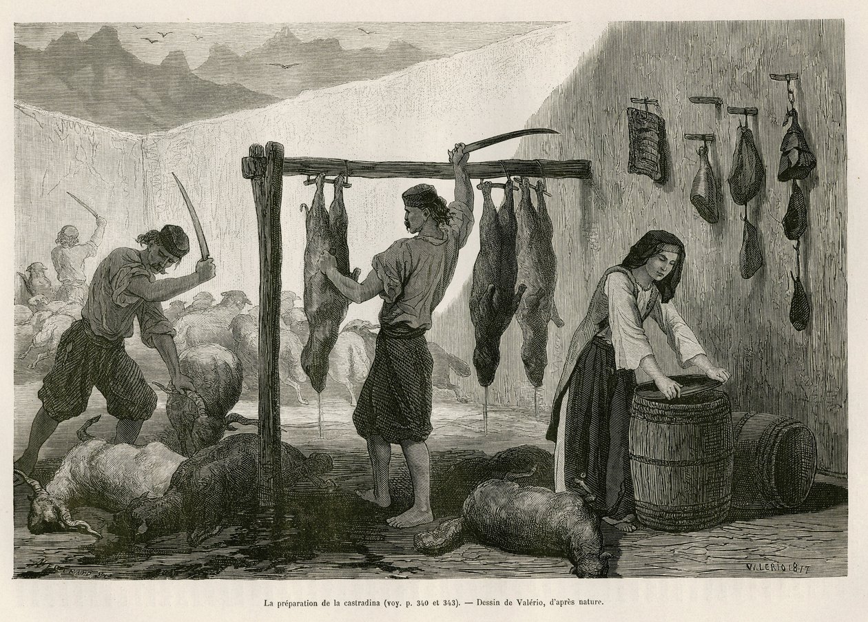La preparazione della castradina, specialità di carne di pecora e capra salata e affumicata, verso la fine di ottobre, in Dalmazia (Istria e Erzegovina (Croazia)), disegno di Valerio, per illustrare il viaggio in Montenegro, nel 1874, di Charles Yriarte. da Theodore Valerio