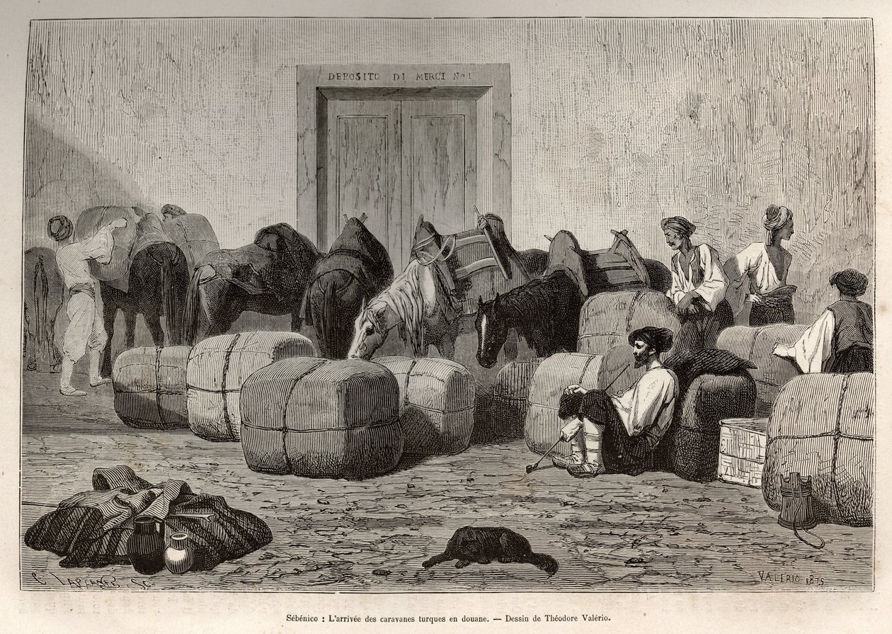 Quando le carovane turche arrivano alla dogana di Sebenico (Serbia), i viaggiatori commerciali scaricano le balle dal dorso dei loro cammelli per verificare la quantità e la natura delle merci. Incisione dopo il disegno di Theodore Valerio, per illustrare  da Theodore Valerio