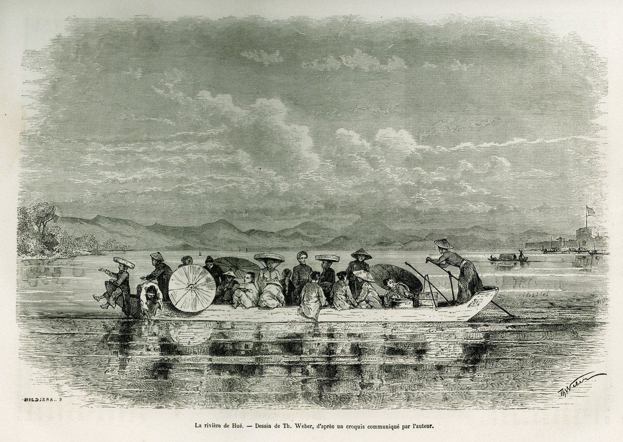 Una barca sul fiume di Hue (Vietnam), disegno di Th. Weber, per illustrare la storia di otto giorni di ambasciata a Hue (Regno di Annam), nel 1875, di Mr. Brossard de Corbigny, tenente (N), allegato alla missione. Incisione in Le tour du monde. da Theodore Weber
