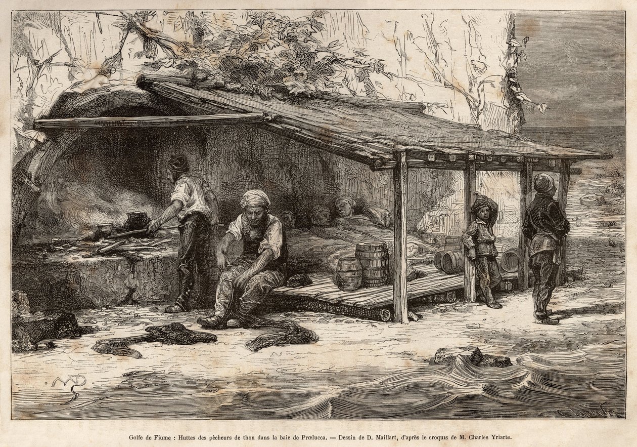 Un rifugio per la pesca del tonno nella baia di Proelucca, Golfo di Fiume (o Rijeka, Istria), tre pescatori stanno ancora dormendo, avvolti in coperte, un altro si equipaggerà e sostituirà la vedetta, un altro preparerà la cucina e il muschio vaga ai piedi da Theodore Weber
