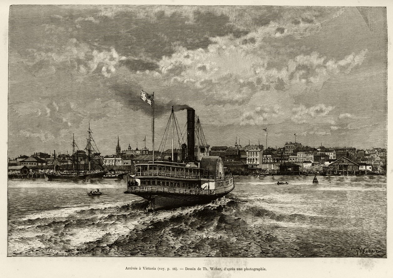 Arrivo a Victoria, Canada. Incisione di Th.Weber, per illustrare la storia 