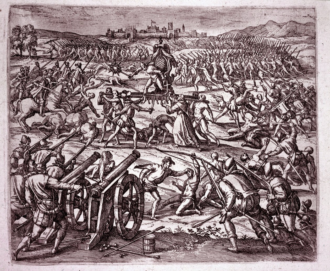 Un monaco domenicano, sentendosi deriso dal re inca Atahualpa, incoraggia Francisco Pizarro a vendicarsi da Theodore de Bry