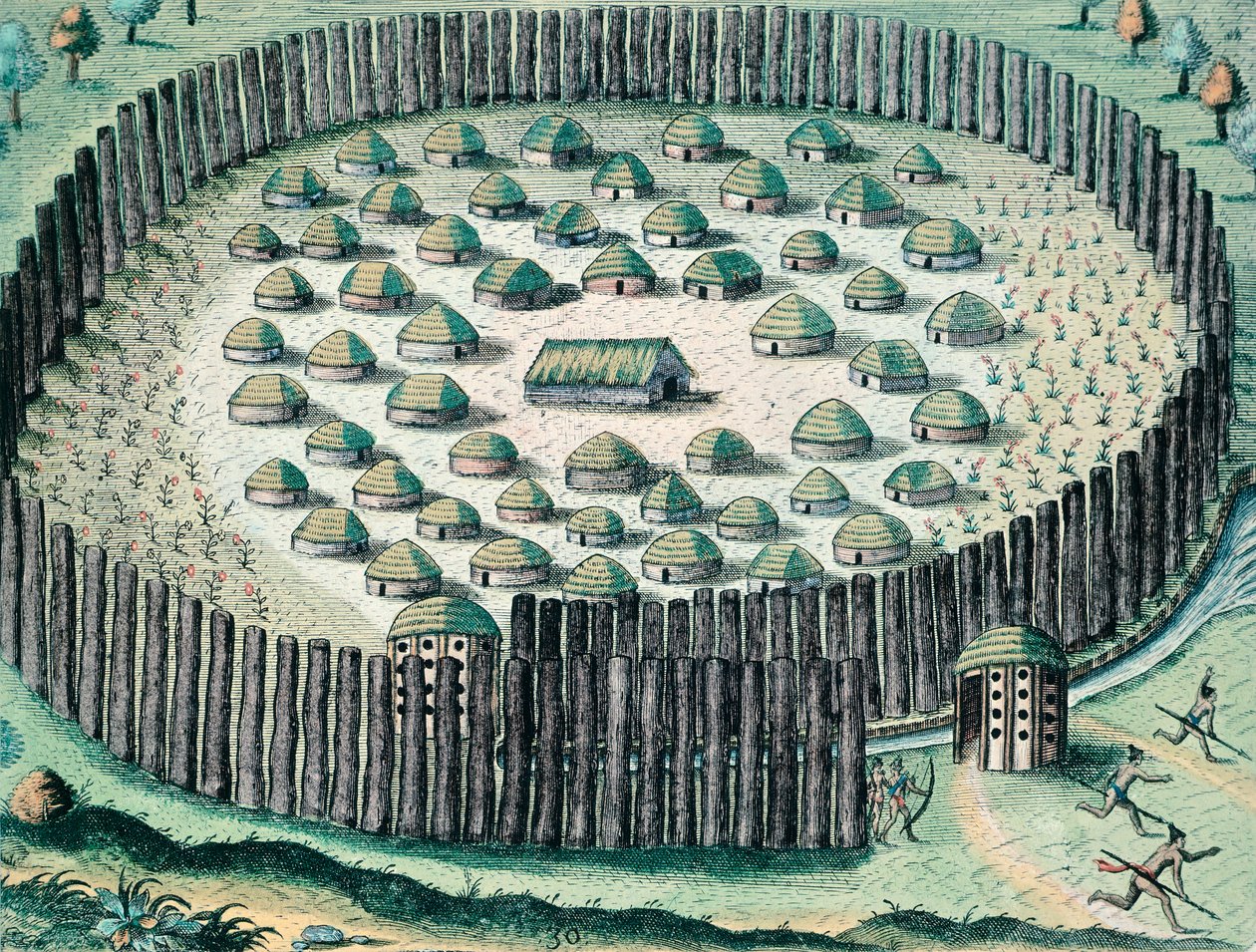 Villaggio indiano fortificato, illustrazione da The Discourse of Florida di Theodore de Bry da Theodore de Bry