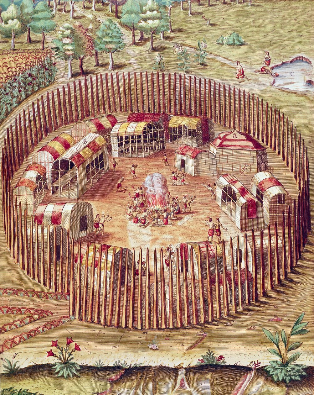 Villaggio fortificato indiano di Pomeiok da Theodore de Bry