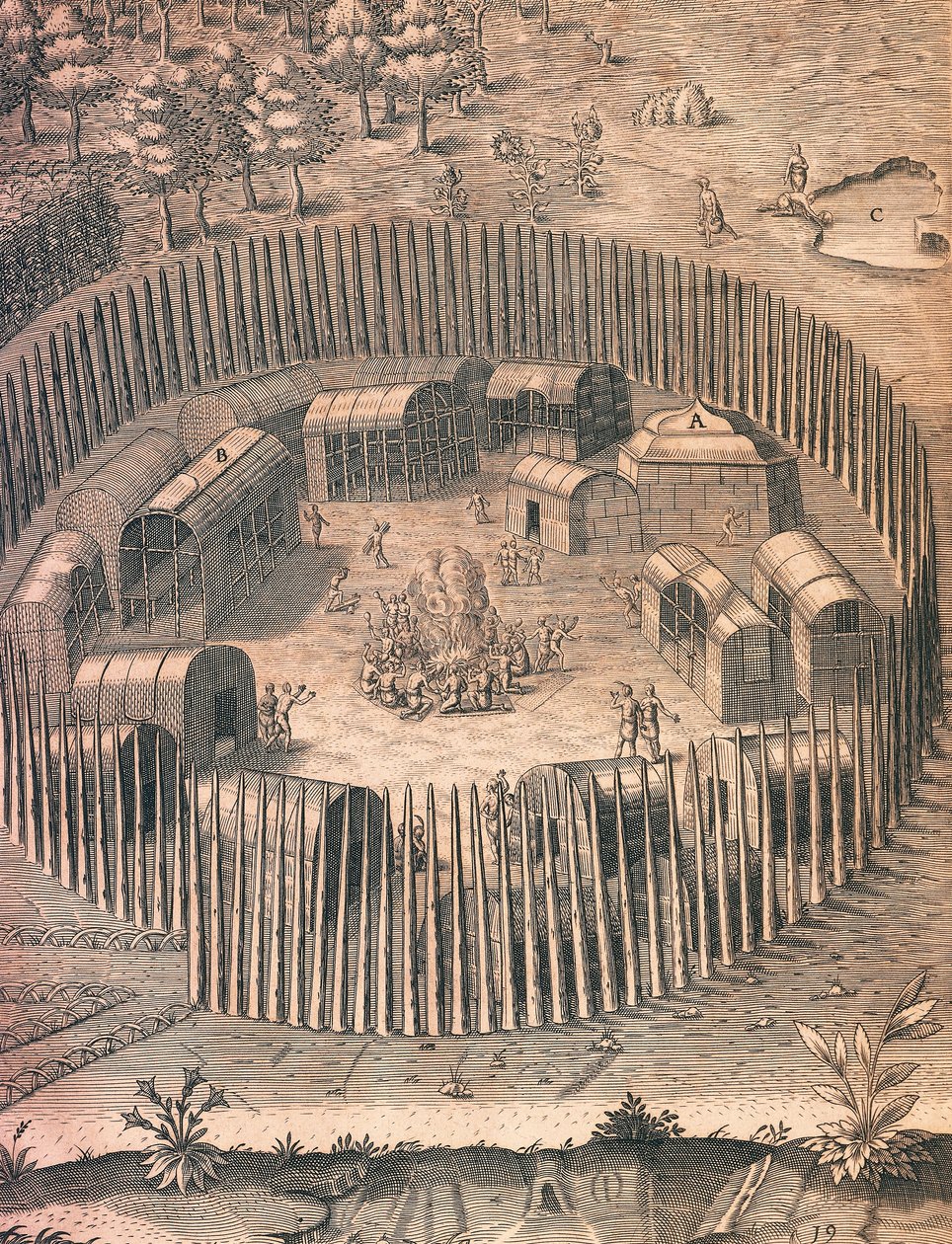 Un campo indiano fortificato in Virginia da Theodore de Bry
