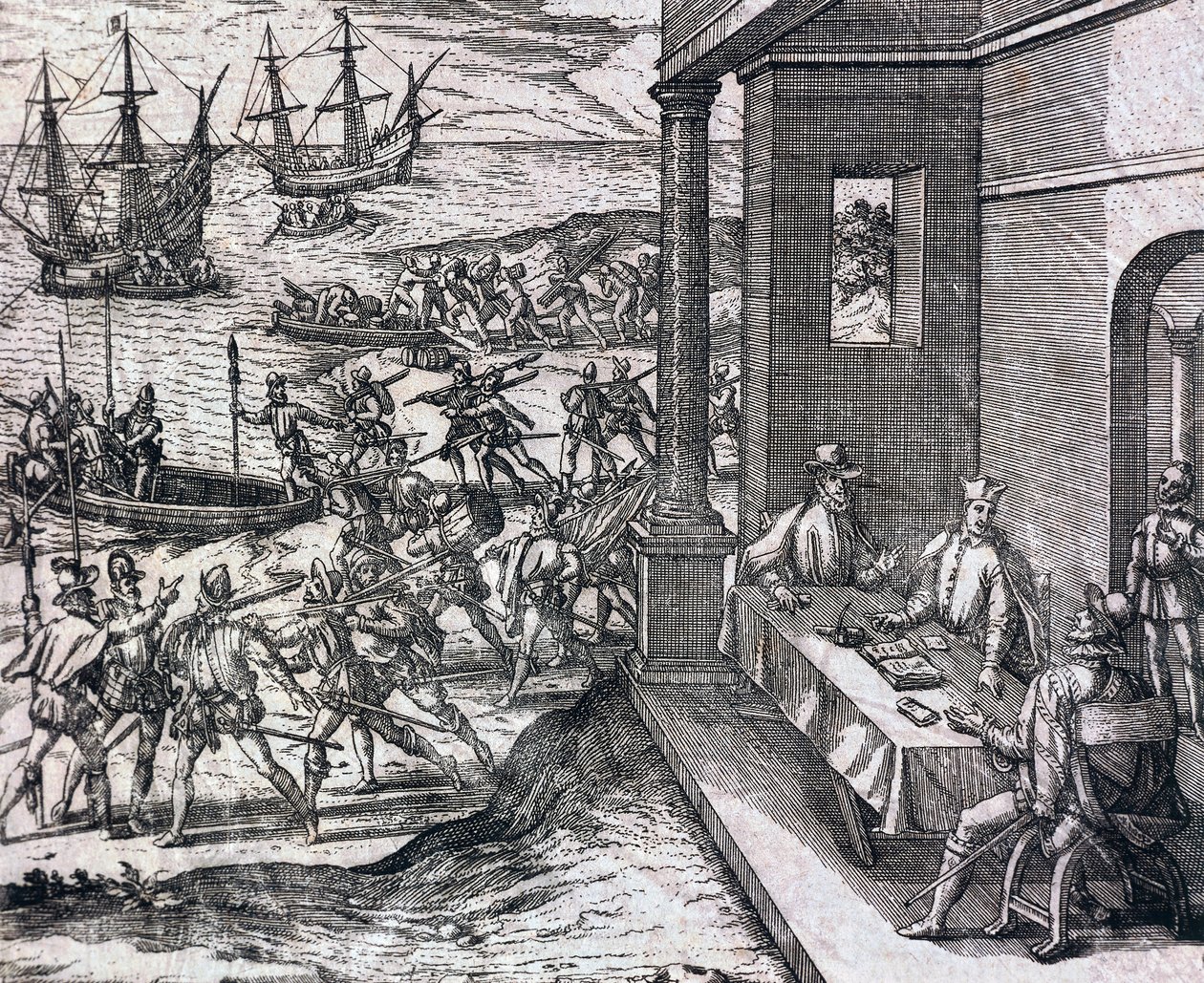 Accordo tra Francisco Pizarro, Diego de Almagro e Hernando de Luque per esplorare e sfruttare il Perù da Theodore de Bry