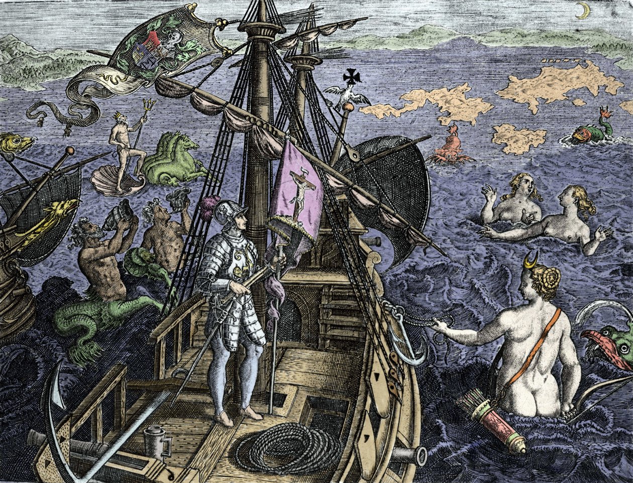 Allegoria dei viaggi di Cristoforo Colombo (1451-1506), incisione da 