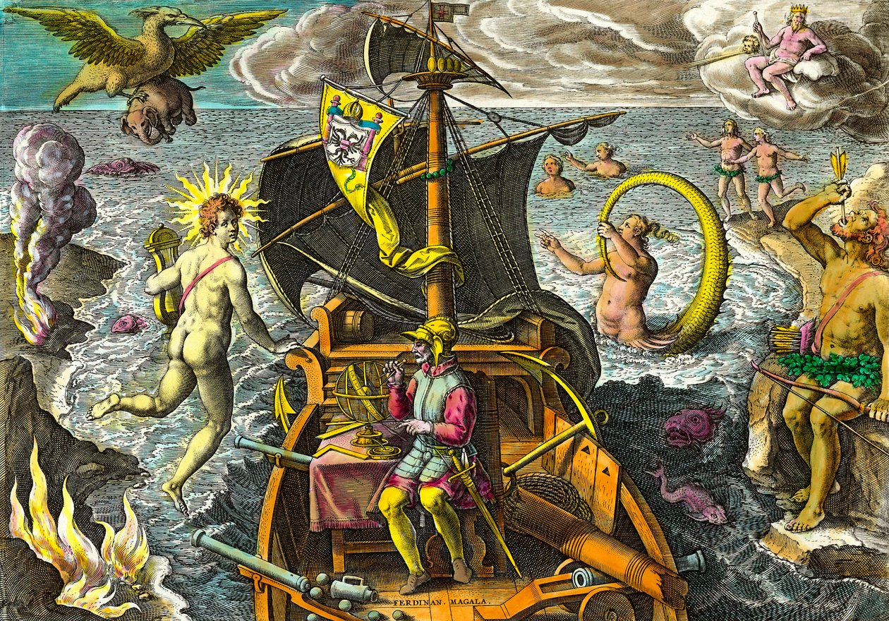 Allegoria sui viaggi del navigatore Ferdinando Magellano, raffigurato sulla sua nave con una sfera armillare e circondato da personaggi mitologici e animali fantastici. Incisione da “Admirante Narratio Americae” di Theodore de Bry da Theodore de Bry