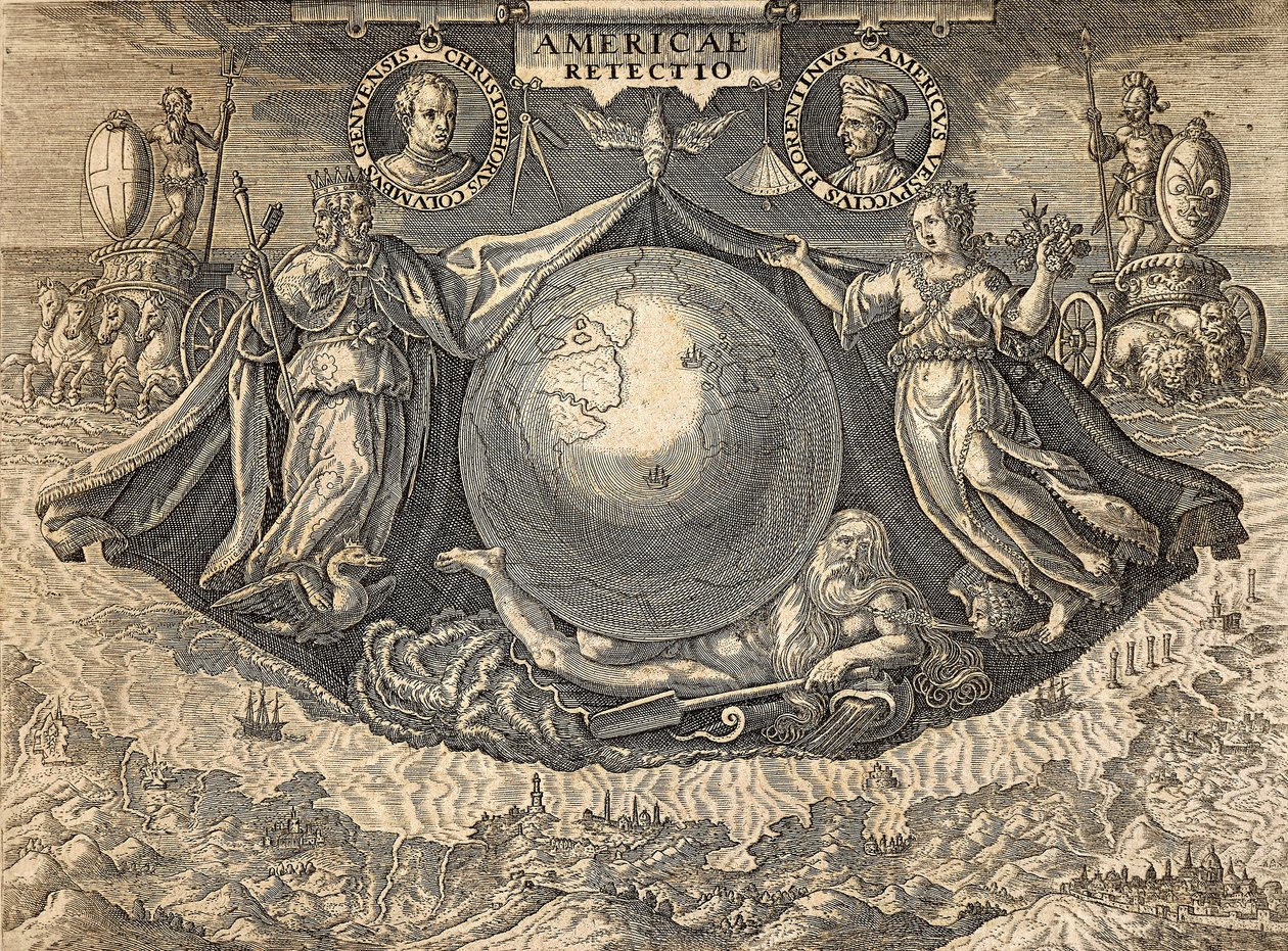 Allegoria delle Indie Occidentali o Americhe, con ritratti dei navigatori Cristoforo Colombo e Amerigo Vespucci da Theodore de Bry