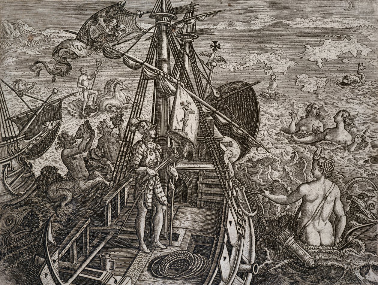 Allegoria del viaggio di Cristoforo Colombo alla scoperta del Nuovo Mondo, incisione di Theodor de Bry (1528-1598) da Theodore de Bry