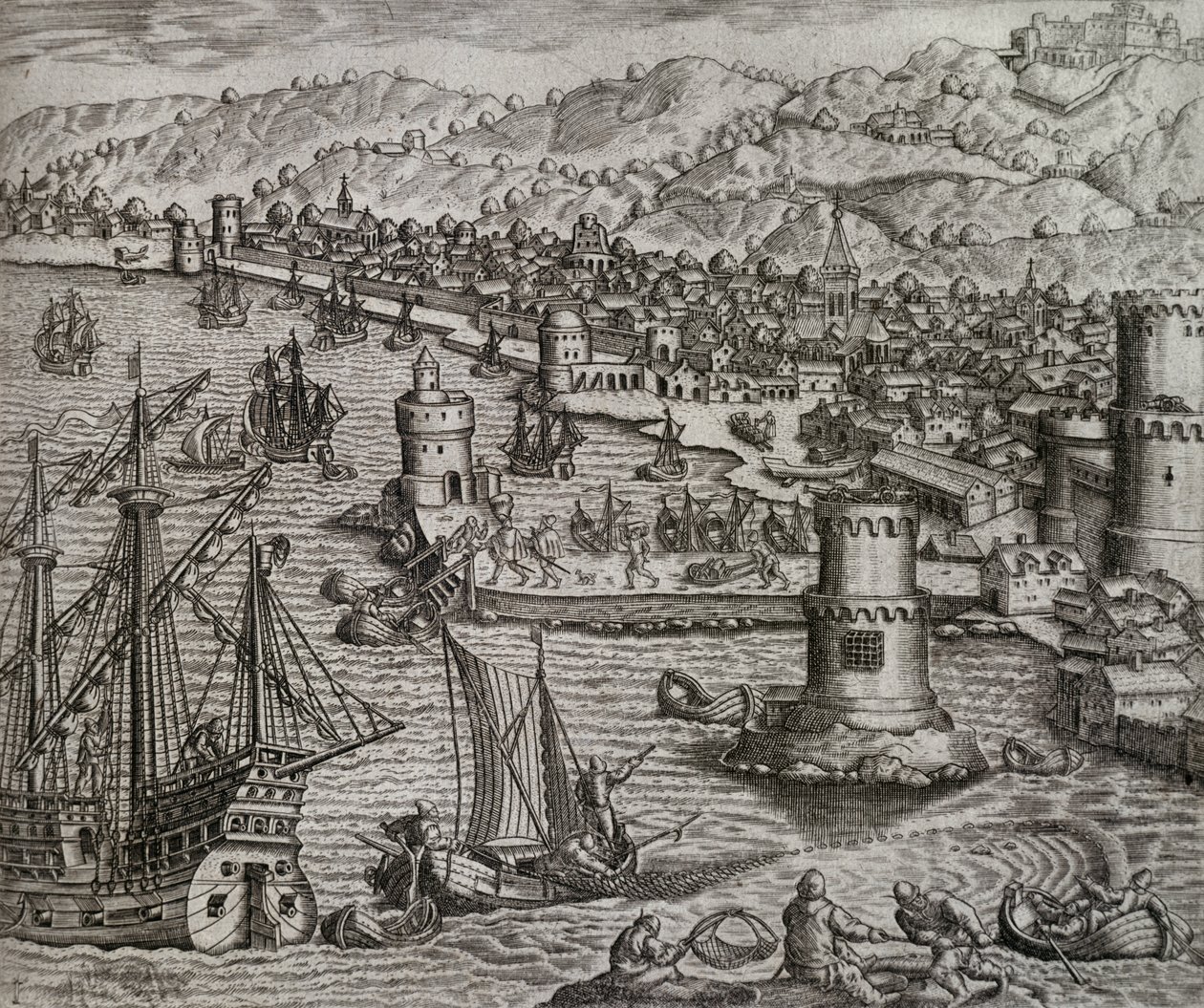 Arrivo di Girolamo Benzoni nel porto di Las Palmas durante il suo viaggio nelle Americhe, incisione di Theodor de Bry da Theodore de Bry