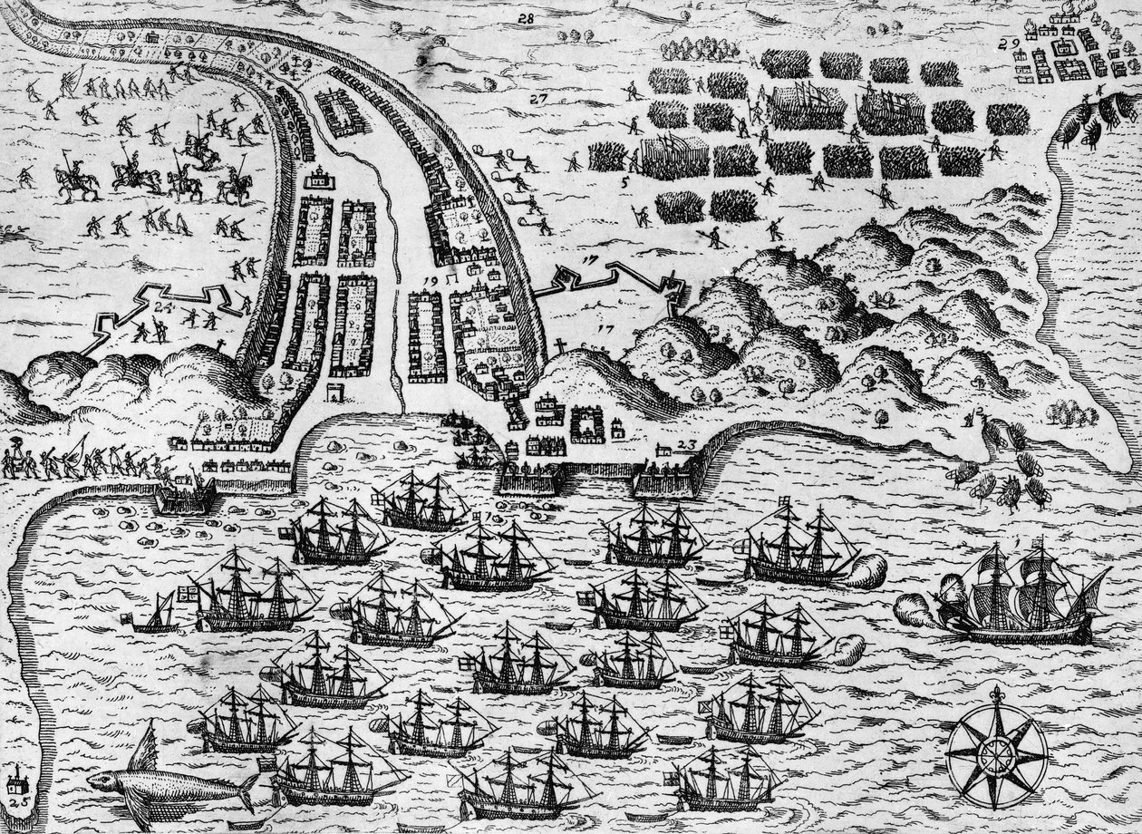 Attacco a Santiago il 27 novembre 1585 (incisione) da Theodore de Bry