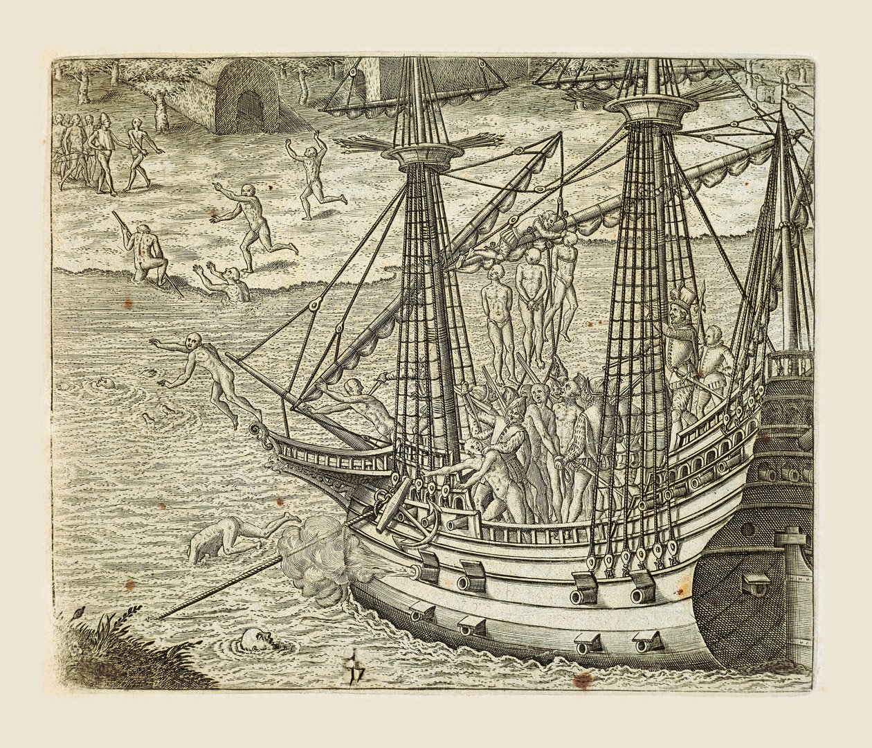 Bartolomeo Diaz impicca alcuni indiani su una caravella, incisione di Theodor de Bry (1528-1598) da Americae pars quarta, sive, Insignis et admiranda historia de reperta primum Occidentali India Christophoro Columbo, di Girolamo Benzoni da Theodore de Bry
