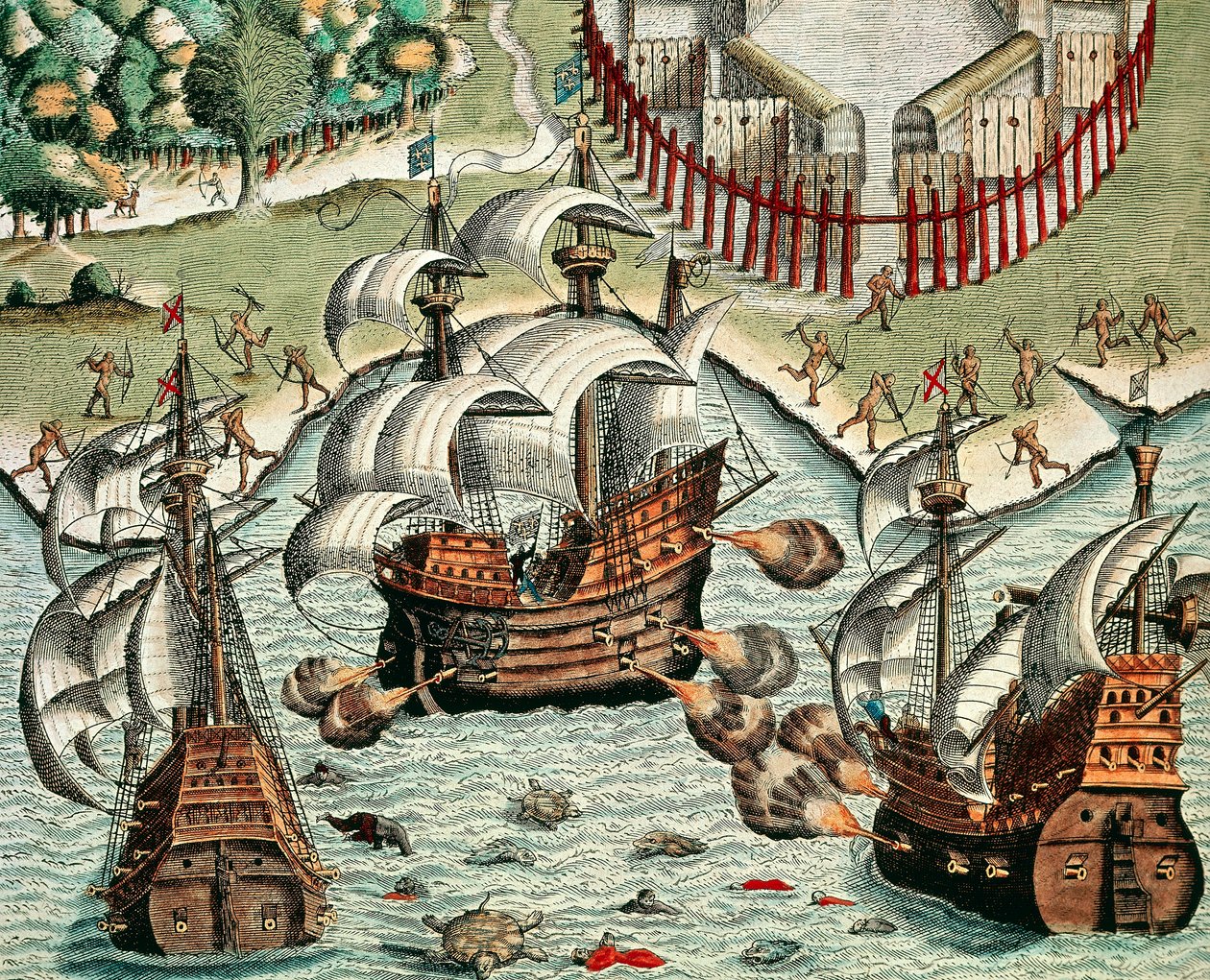 Battaglia tra francesi e portoghesi a Buttugar da Theodore de Bry