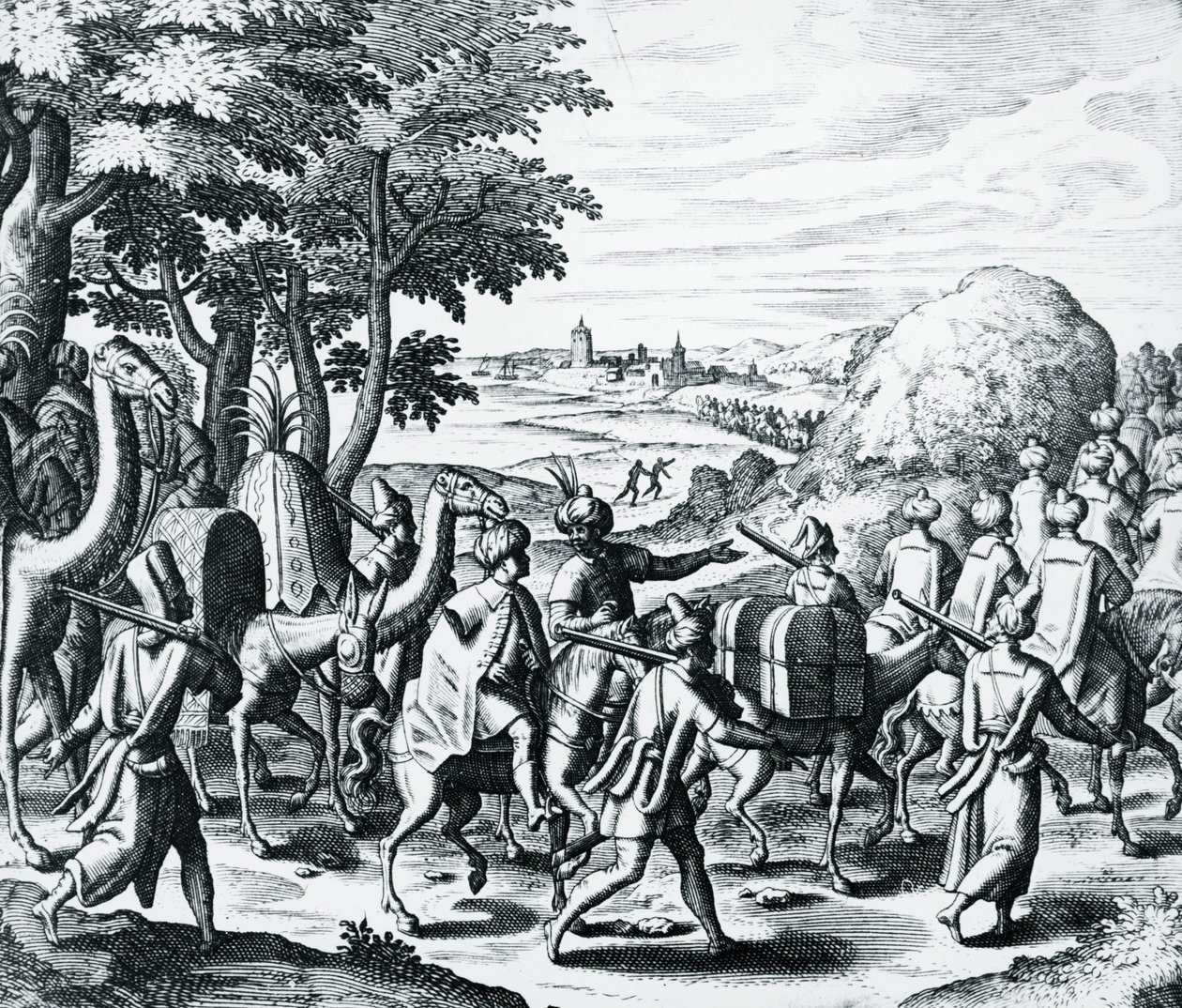 Carovana di mercanti arabi in viaggio da Aleppo a Basra, incisione da Grands and Petits Voyages di Theodor de Bry, Medio Oriente da Theodore de Bry
