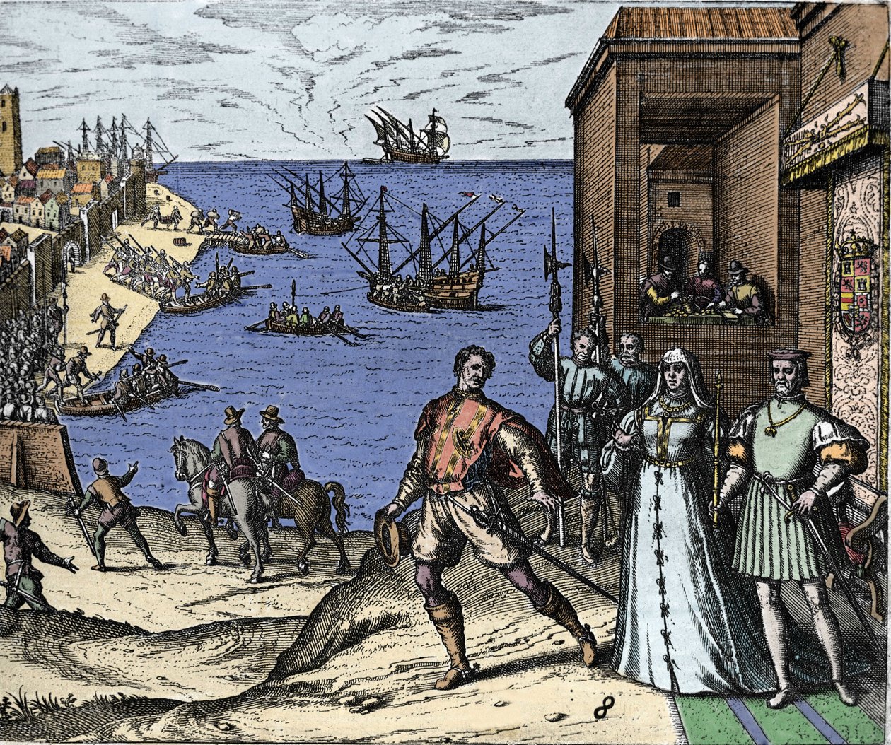 Cristoforo Colombo e i fratelli Pinzon lasciano il porto di Palos in Spagna il 03/08/1492 per il Nuovo Mondo. A destra il Re e la Regina di Portogallo Cattolici Ferdinando II d