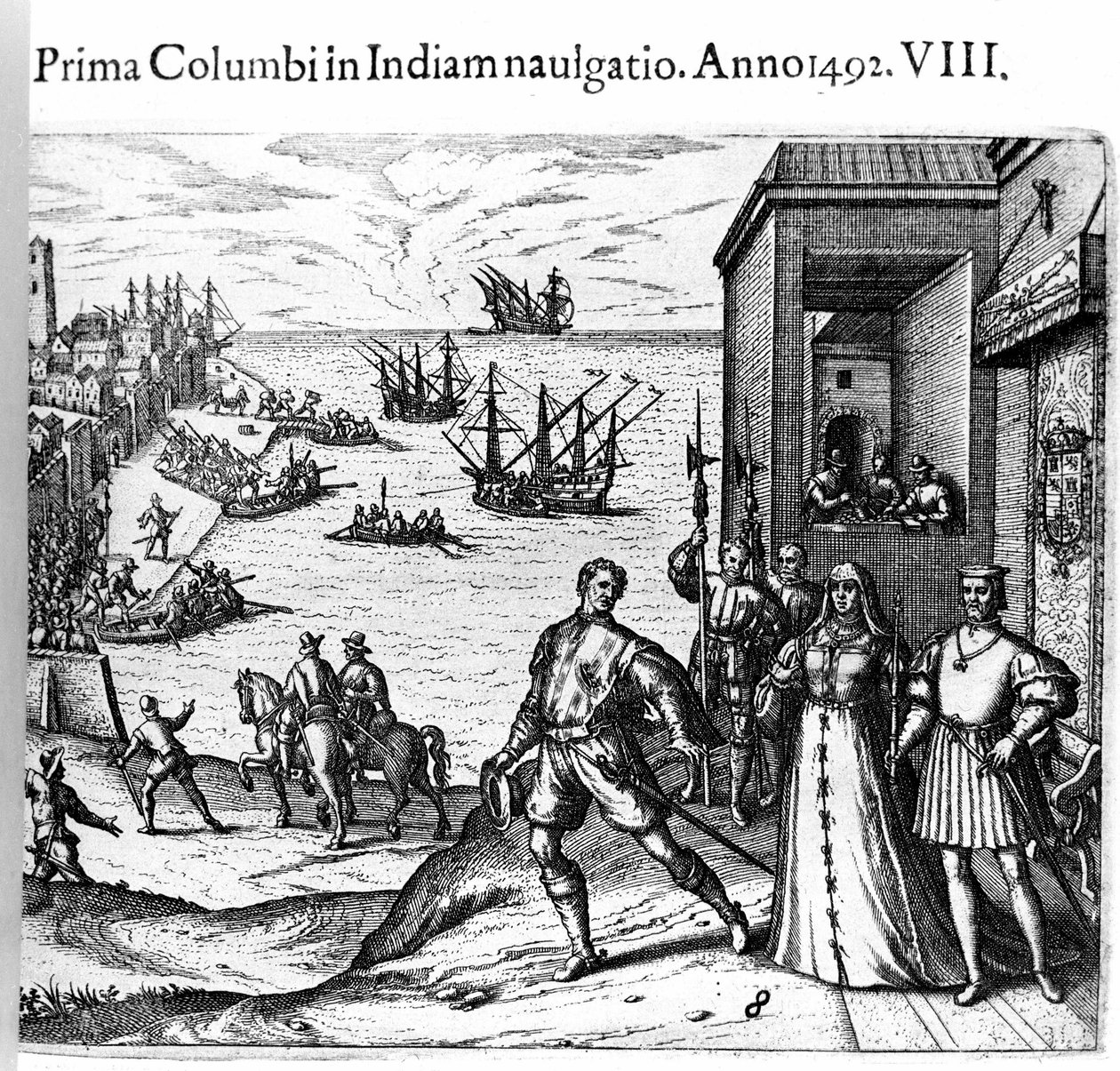 Cristoforo Colombo e i fratelli Pinzon lasciano il porto di Palos in Spagna il 03/08/1492 per il Nuovo Mondo. A destra il Re e la Regina di Portogallo Cattolici Ferdinando II d