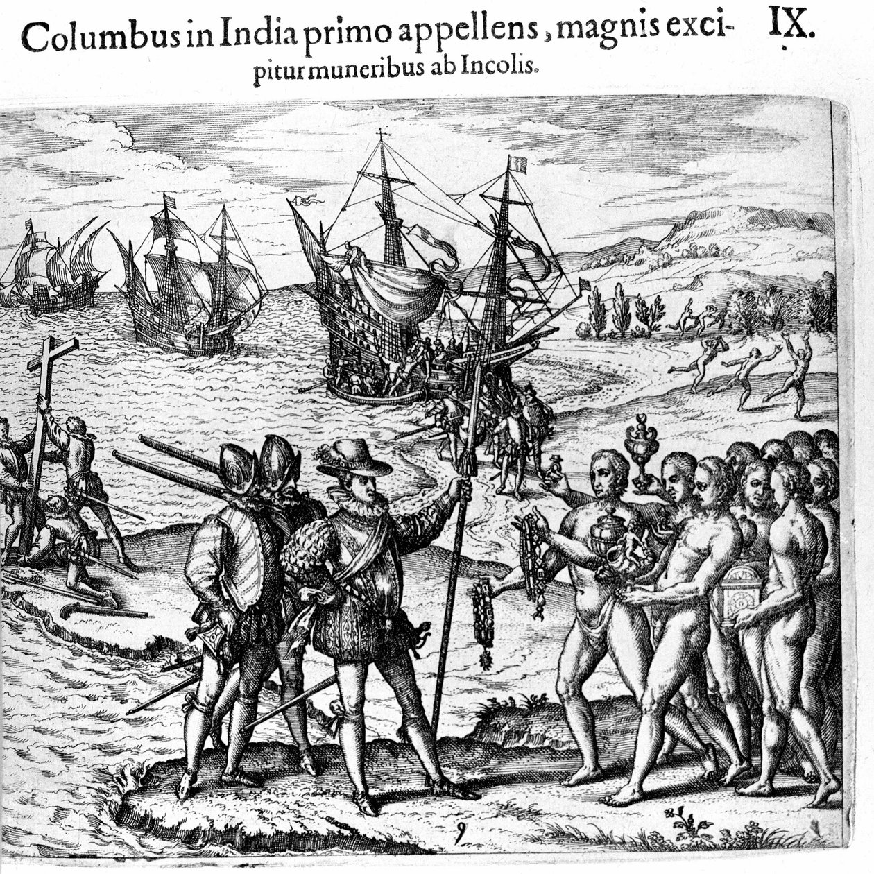 Cristoforo Colombo arriva nelle Indie Occidentali. Incisione di Théodore de Bry in "Admirante Narratio - Americae" da Theodore de Bry