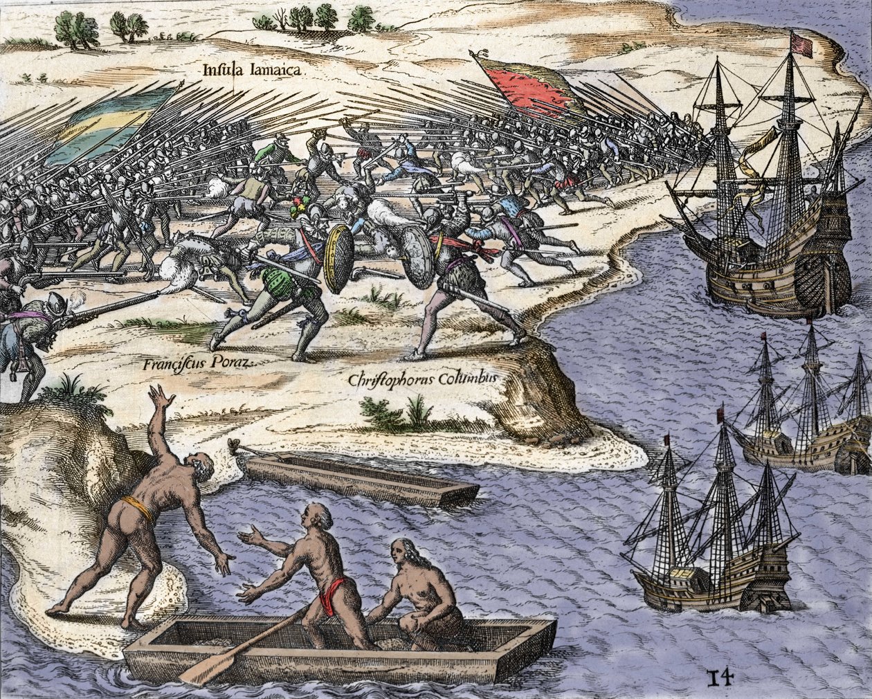 Il quarto viaggio di Cristoforo Colombo in Giamaica nel 1502-1504: battaglia contro Francisco Poraz. Incisione da "Historia Americae sive Novi Orbis" di Theodor de Bry (1527-1598), Amsterdam 1594 da Theodore de Bry