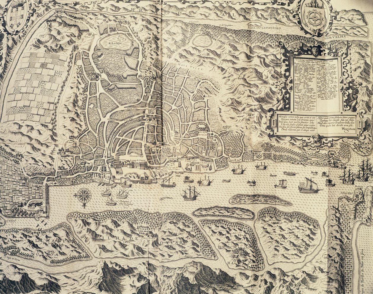 Città di Goa in India, incisione di Theodor de Bry dal resoconto di viaggio del marinaio Jan Huyghen van Linschoten in India Orientale Portoghese 1579-1592, XVI secolo da Theodore de Bry
