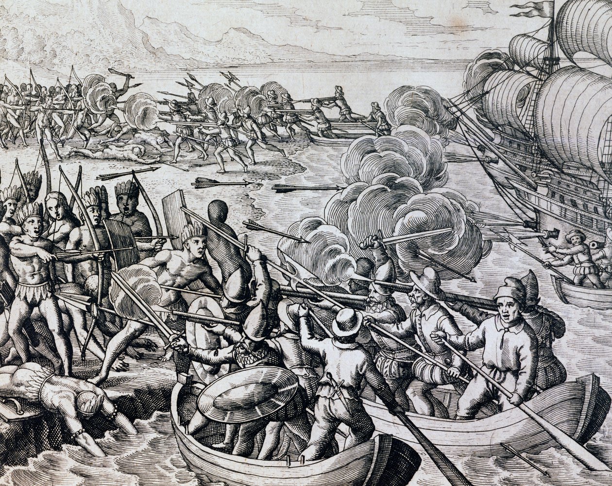 Scontro tra indiani nativi e truppe spagnole, incisione dalla Historia Americae, di Theodor de Bry, Francoforte da Theodore de Bry