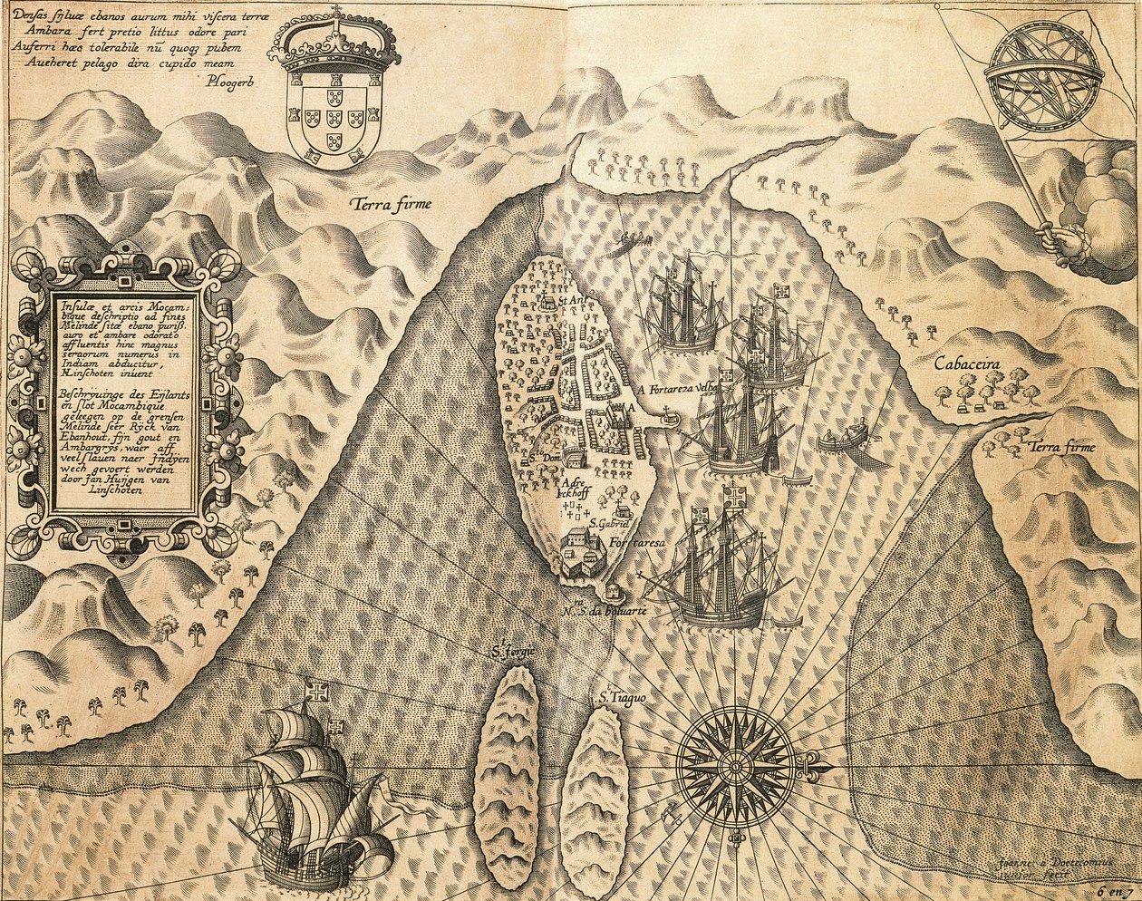 Coste del Mozambico da, Le Indie Orientali di Johannes Hugonis Linschooten e Theodore de Bry, incisione da Theodore de Bry